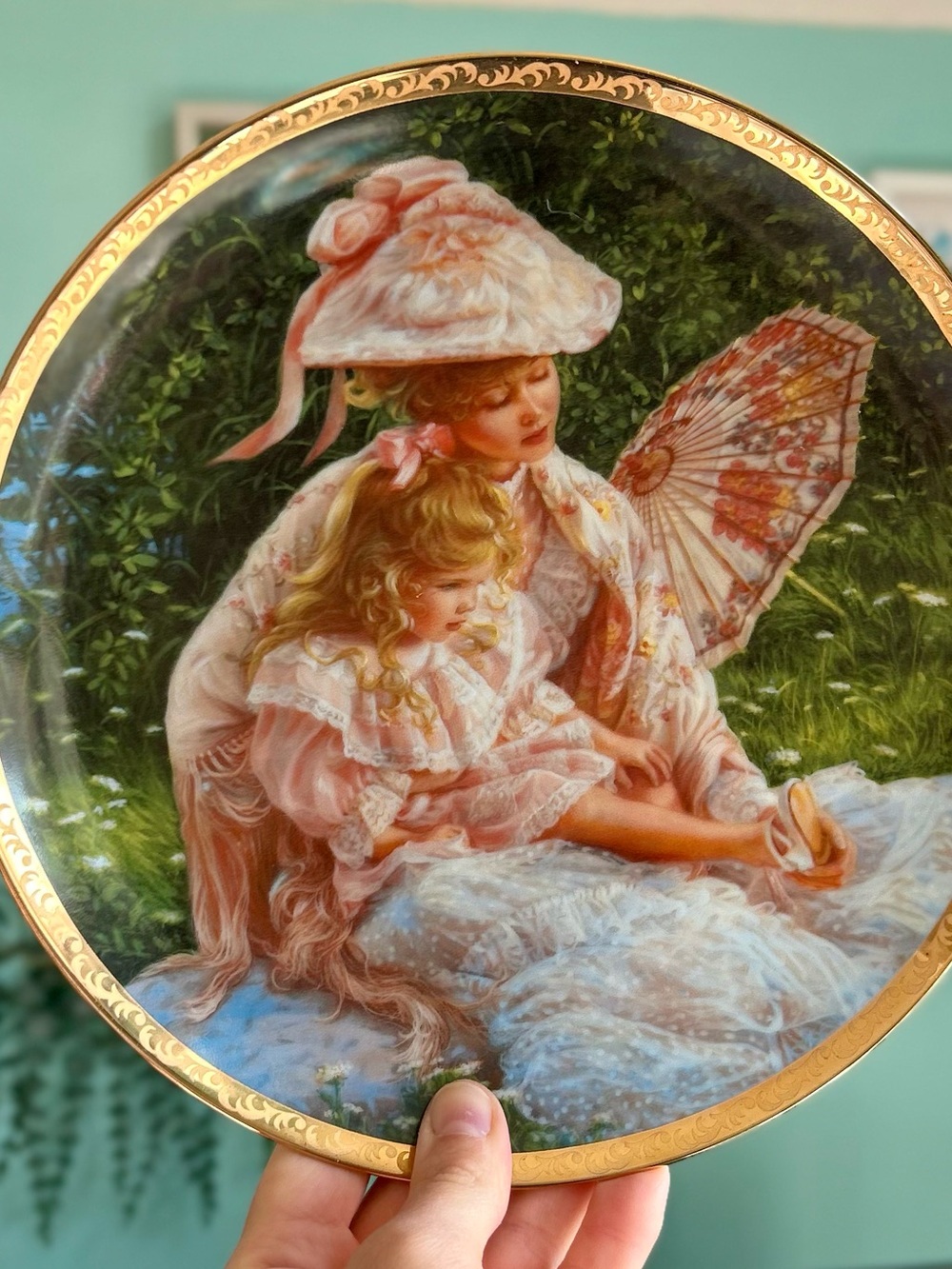Vintage Porcelain Plate Featuring Loving Mother + Daughter in Nature and Fashion